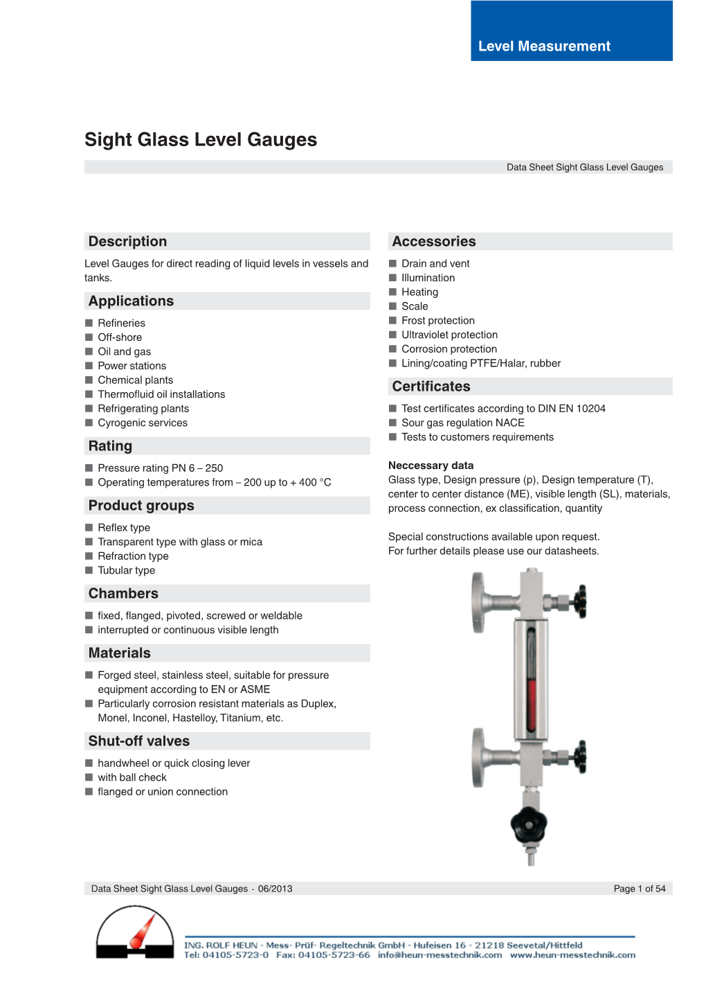 Sight Glass Level Gauges Data Sheet Sight Glass Level Gauges