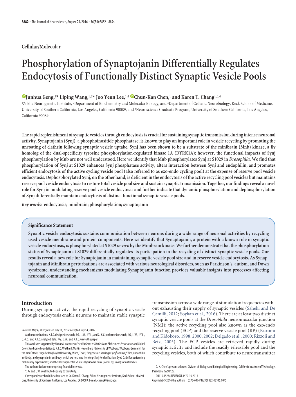 Phosphorylation of Synaptojanin Differentially Regulates Endocytosis of Functionally Distinct Synaptic Vesicle Pools