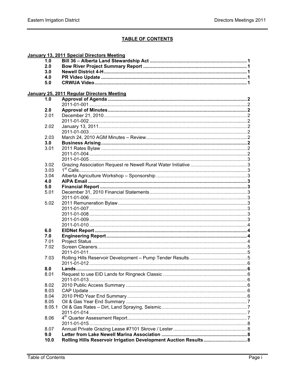 Eastern Irrigation District Directors Meetings 2011 Table of Contents