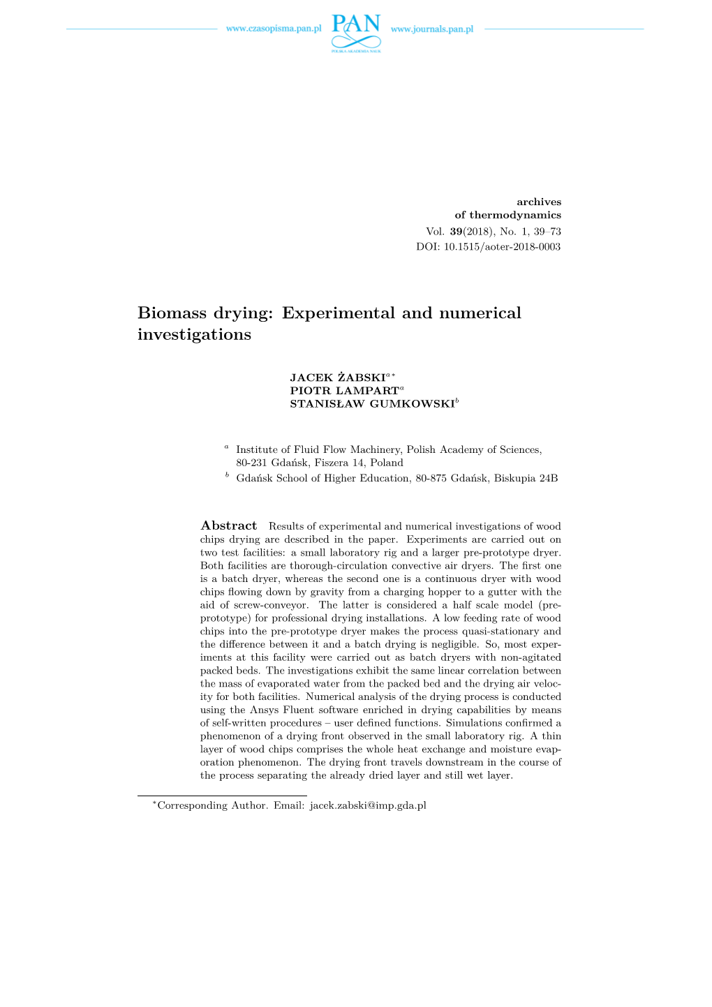 Biomass Drying: Experimental and Numerical Investigations