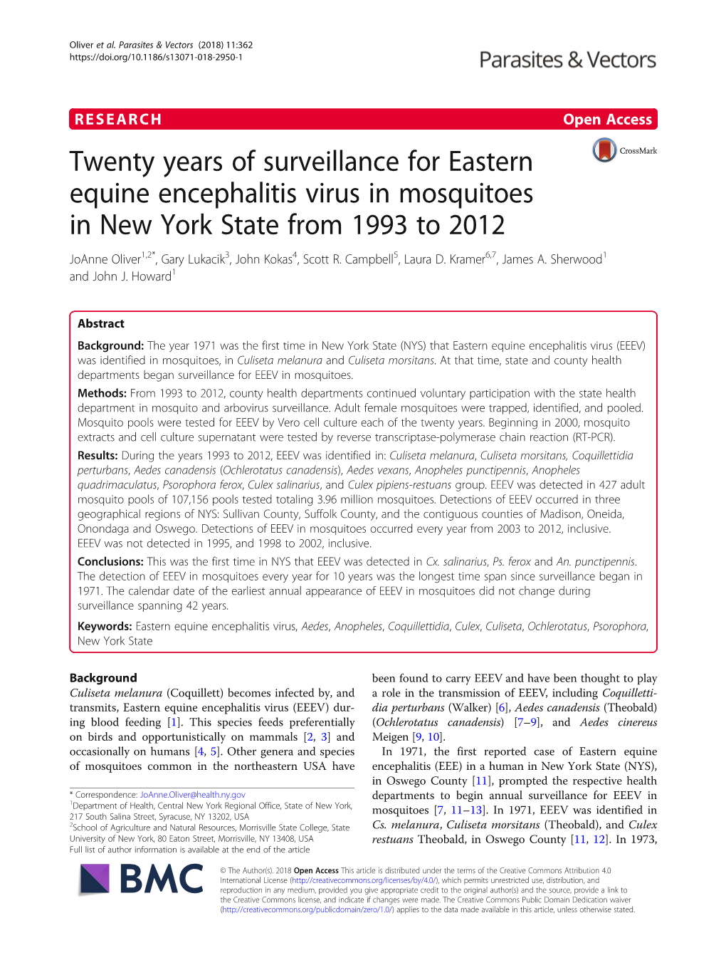 Twenty Years of Surveillance for Eastern Equine Encephalitis Virus In