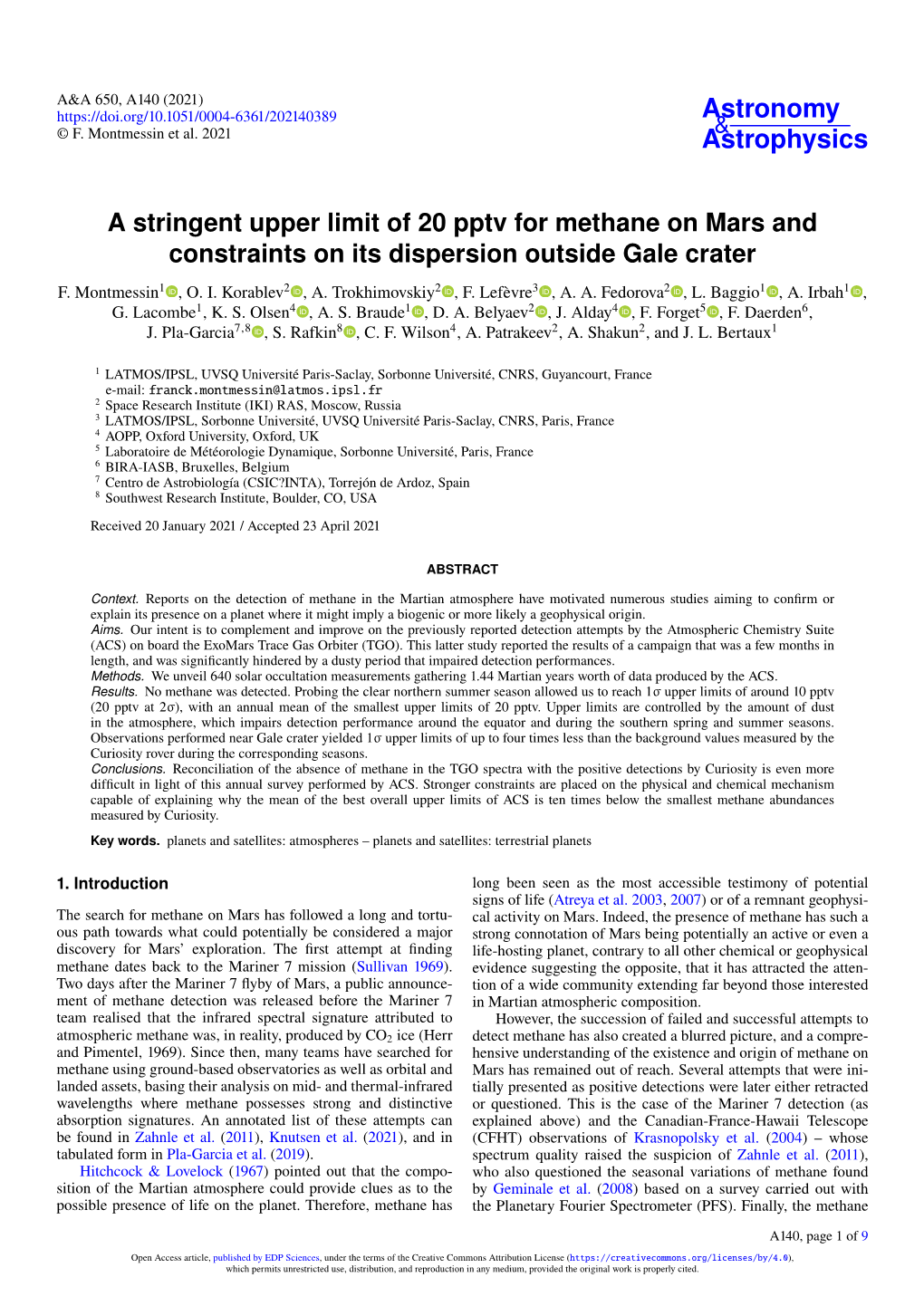 A Stringent Upper Limit of 20 Pptv for Methane on Mars and Constraints on Its Dispersion Outside Gale Crater F