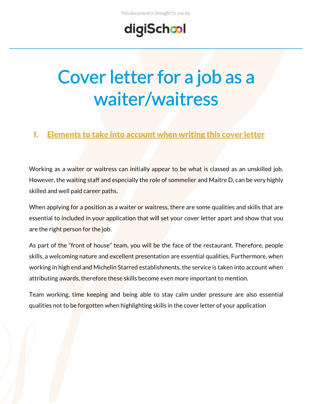 Cover Letter for a Job As a Waiter/Waitress