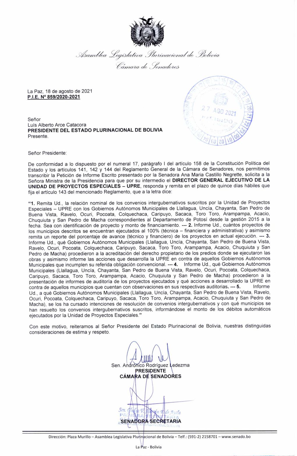 La Paz, 18 De Agosto De 2021 Señor Luís Alberto Arce Catacora