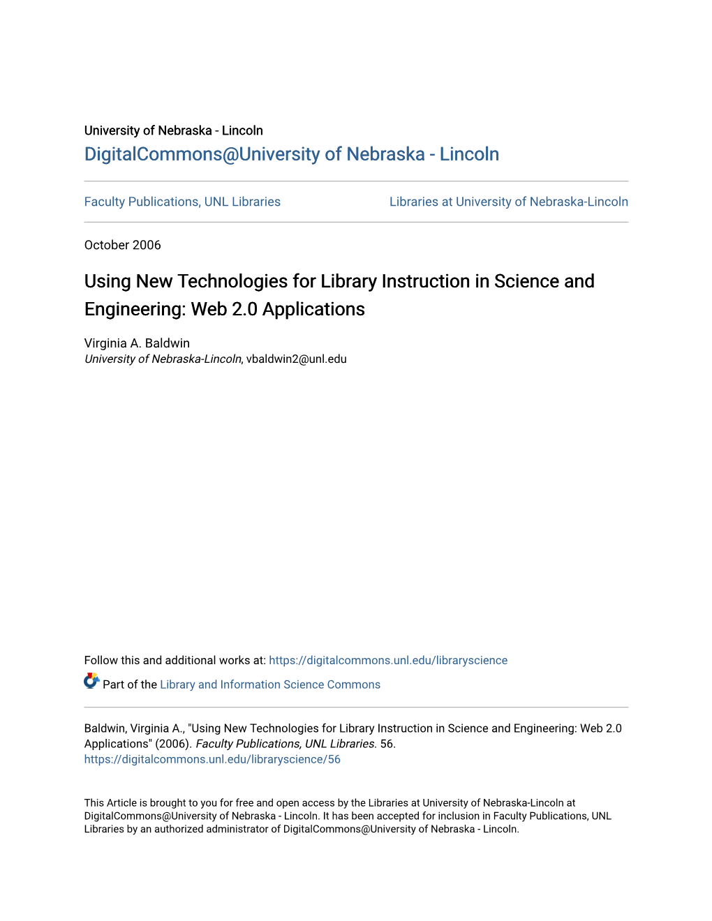 Using New Technologies for Library Instruction in Science and Engineering: Web 2.0 Applications