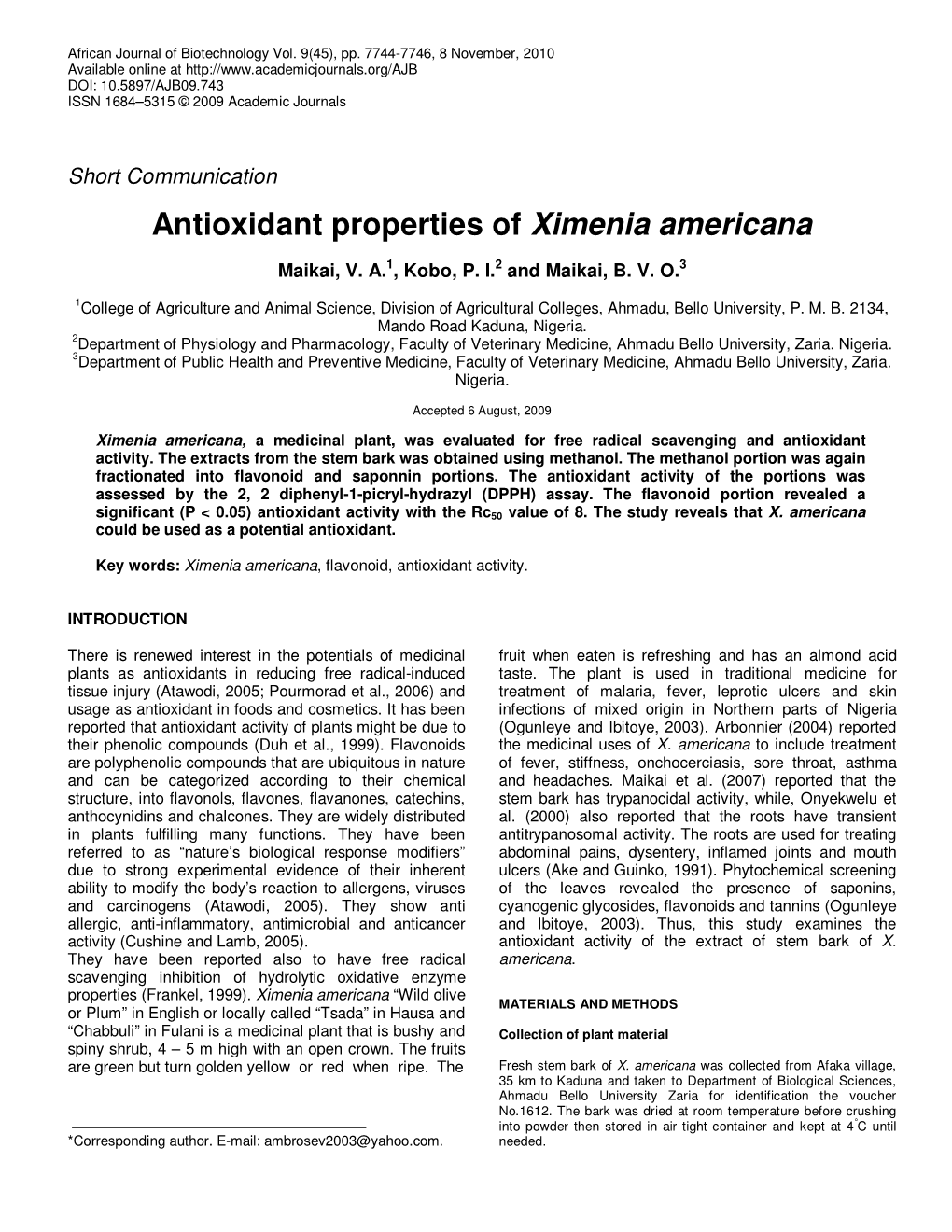 Antioxidant Properties of Ximenia Americana