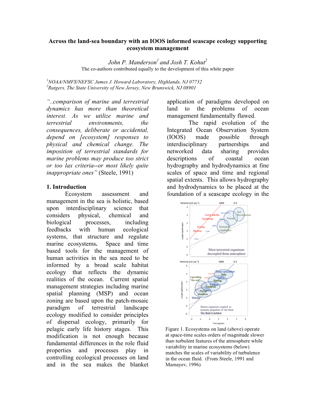 Across the Land-Sea Boundary with an IOOS Informed Seascape Ecology Supporting Ecosystem Management John P. Manderson1 and Josh