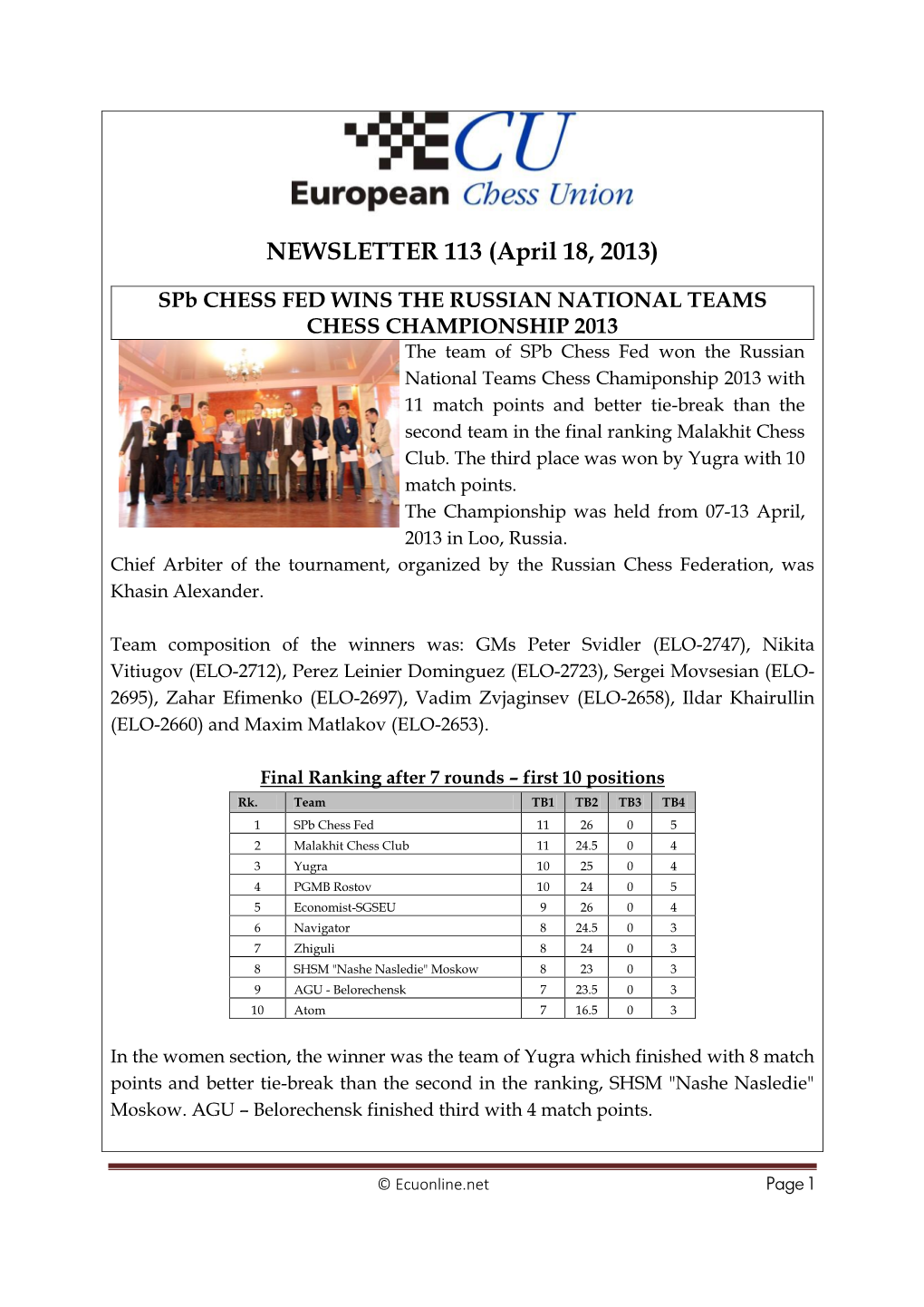 NEWSLETTER 113 (April 18, 2013)