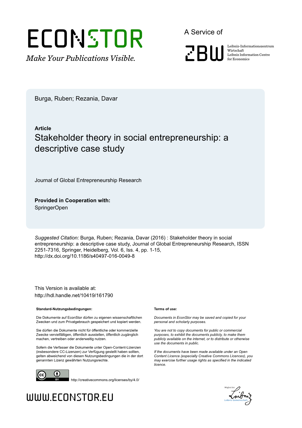 Stakeholder Theory in Social Entrepreneurship: a Descriptive Case Study