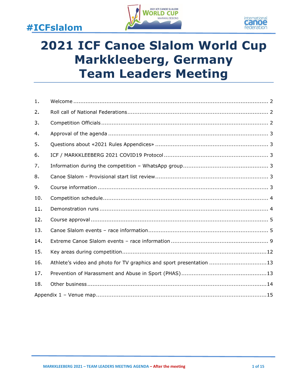 2021 ICF Canoe Slalom World Cup Markkleeberg, Germany Team Leaders Meeting