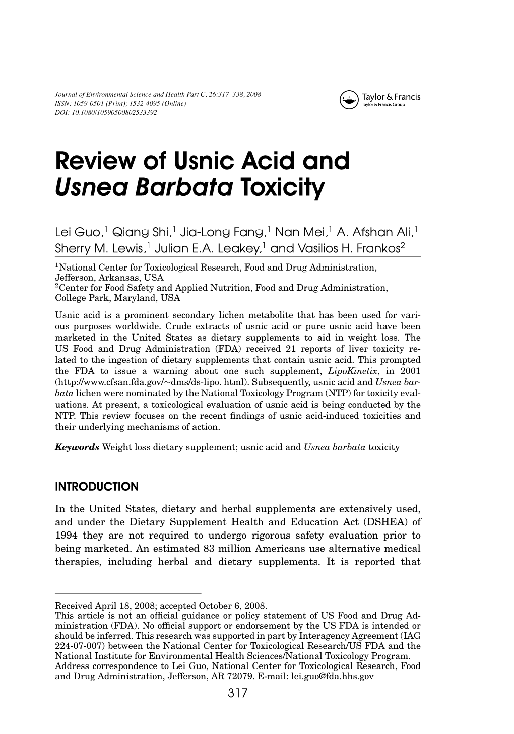 Review of Usnic Acid and Usnea Barbata Toxicity