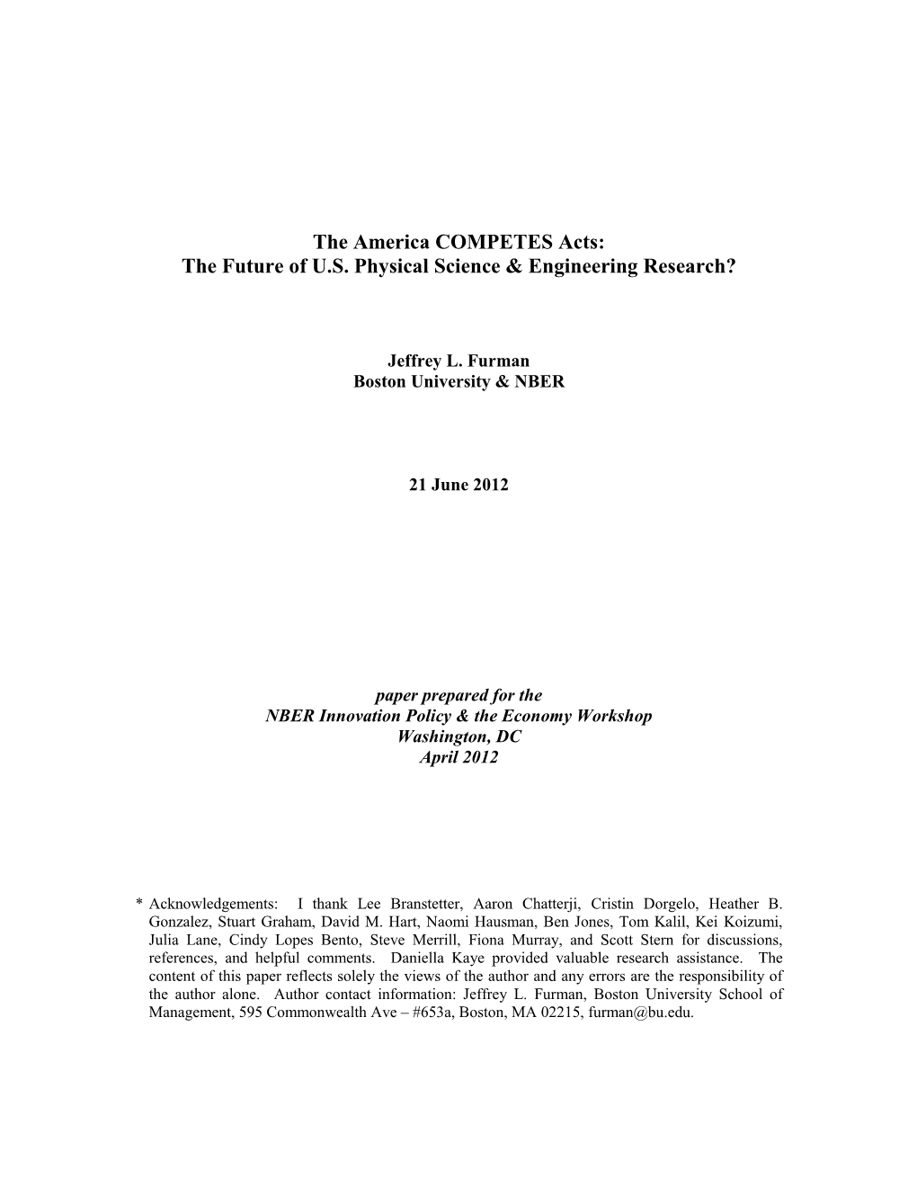 The America COMPETES Acts: the Future of U.S. Physical Science & Engineering Research?