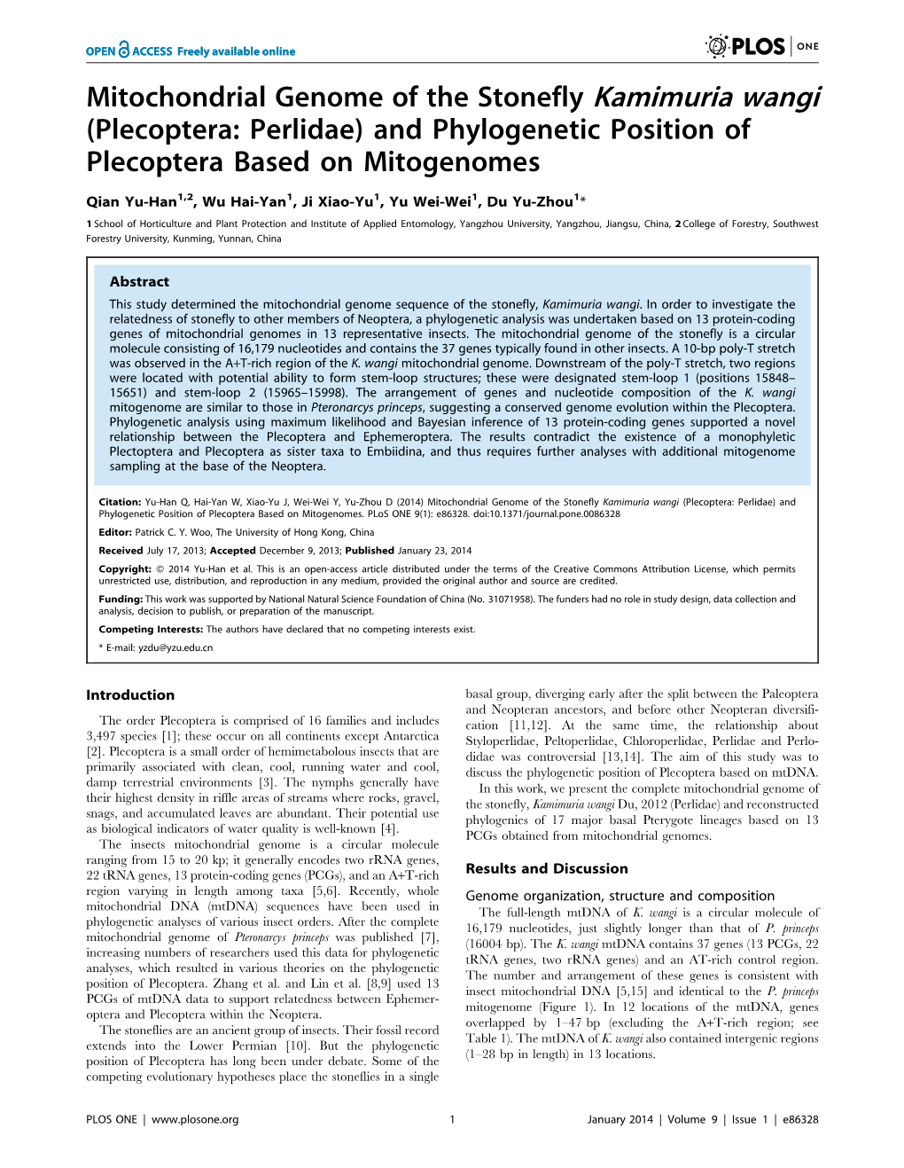 Mitochondrial Genome of the Stonefly Kamimuria Wangi (Plecoptera: Perlidae) and Phylogenetic Position of Plecoptera Based on Mitogenomes