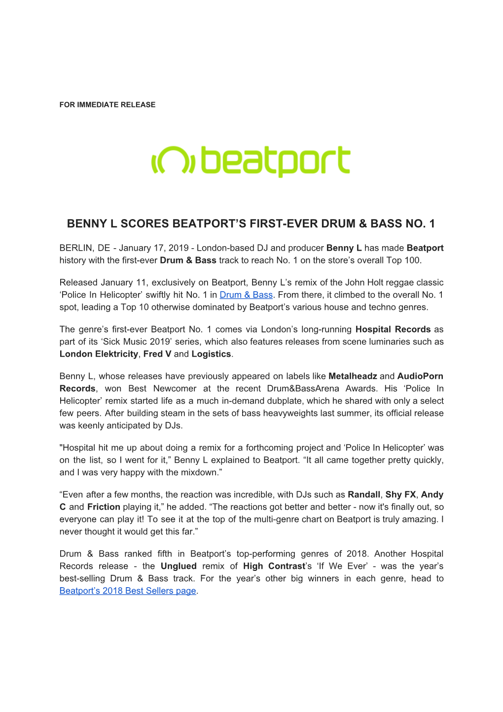 Benny L Scores Beatport's First-Ever Drum & Bass No. 1