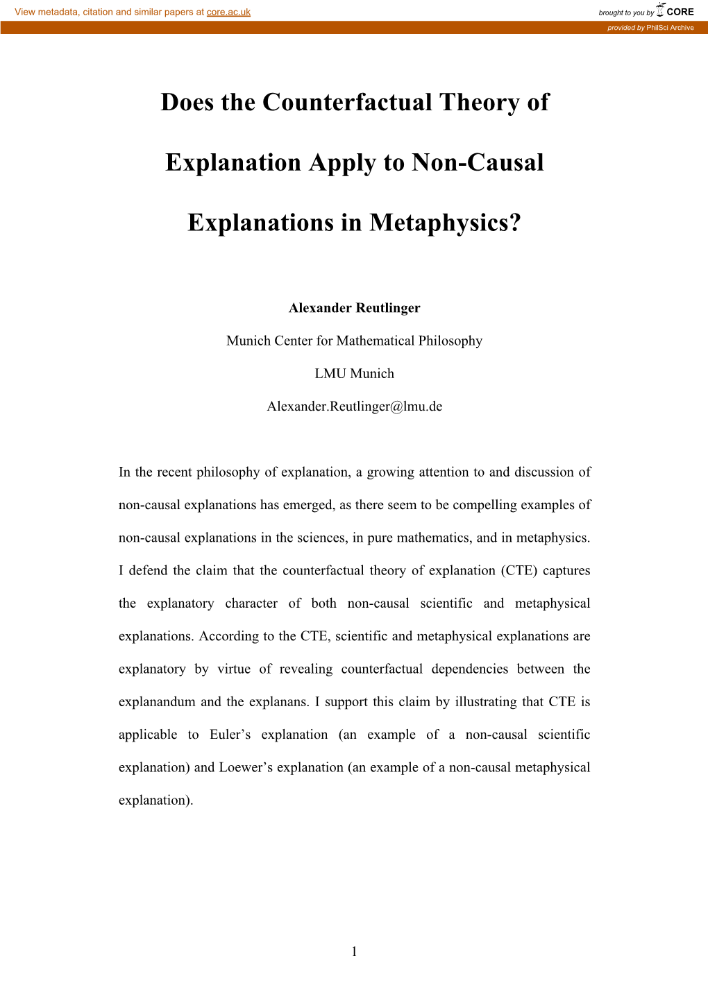 Does the Counterfactual Theory of Explanation Apply to Non-Causal Explanations in Metaphysics?