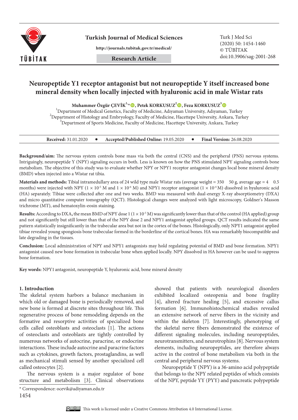 Neuropeptide Y1 Receptor Antagonist but Not Neuropeptide Y Itself Increased Bone Mineral Density When Locally Injected with Hyaluronic Acid in Male Wistar Rats