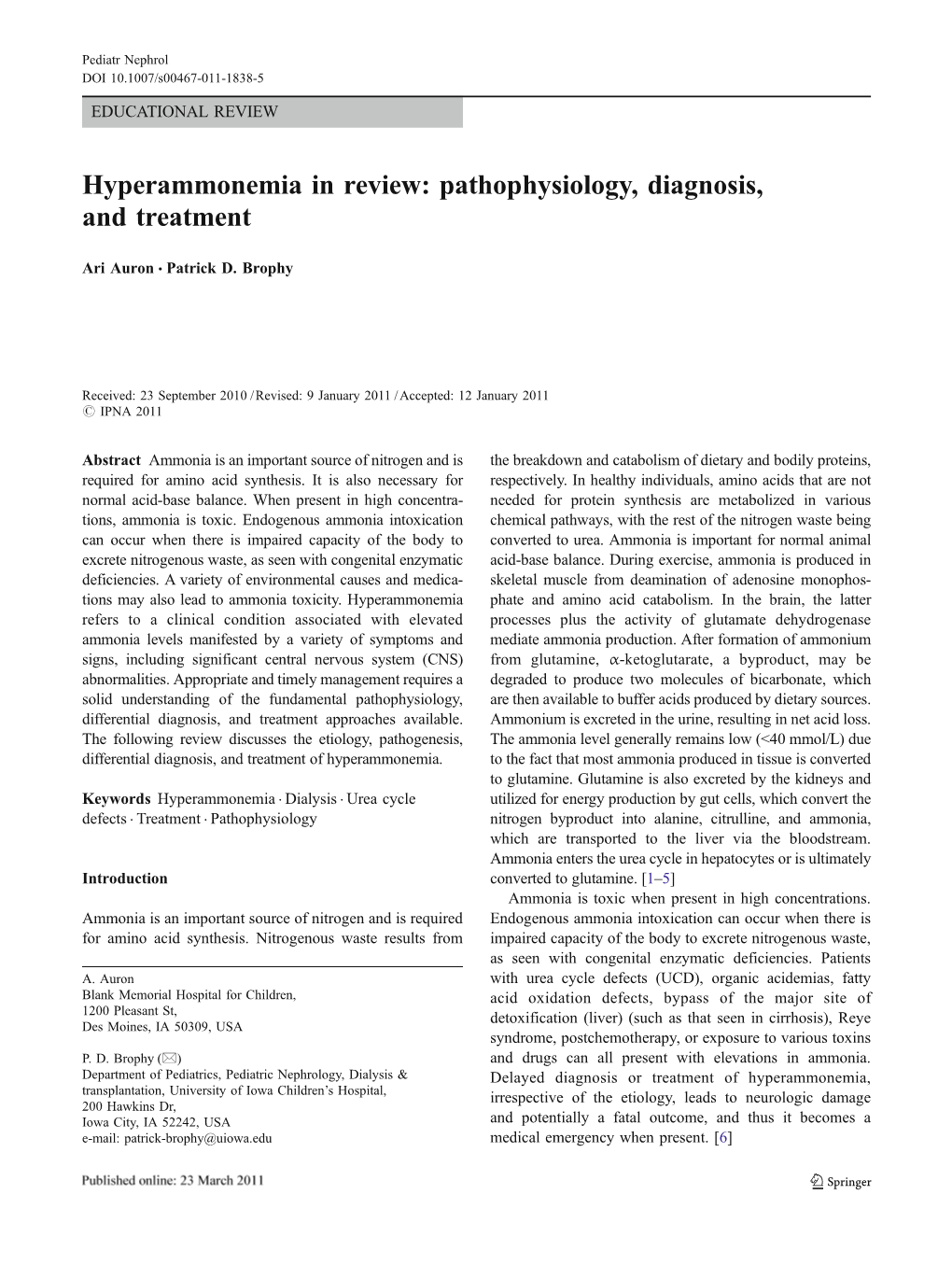 Hyperammonemia in Review: Pathophysiology, Diagnosis, and Treatment