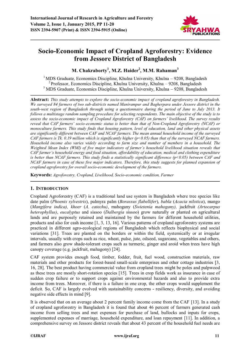 Socio-Economic Impact of Cropland Agroforestry: Evidence from Jessore District of Bangladesh