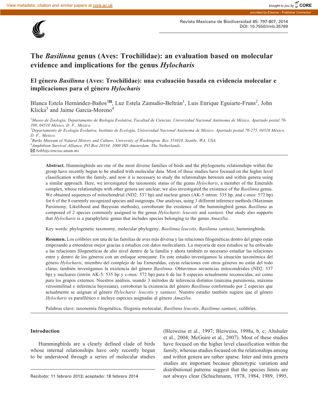 The Basilinna Genus (Aves: Trochilidae): an Evaluation Based on Molecular Evidence and Implications for the Genus Hylocharis