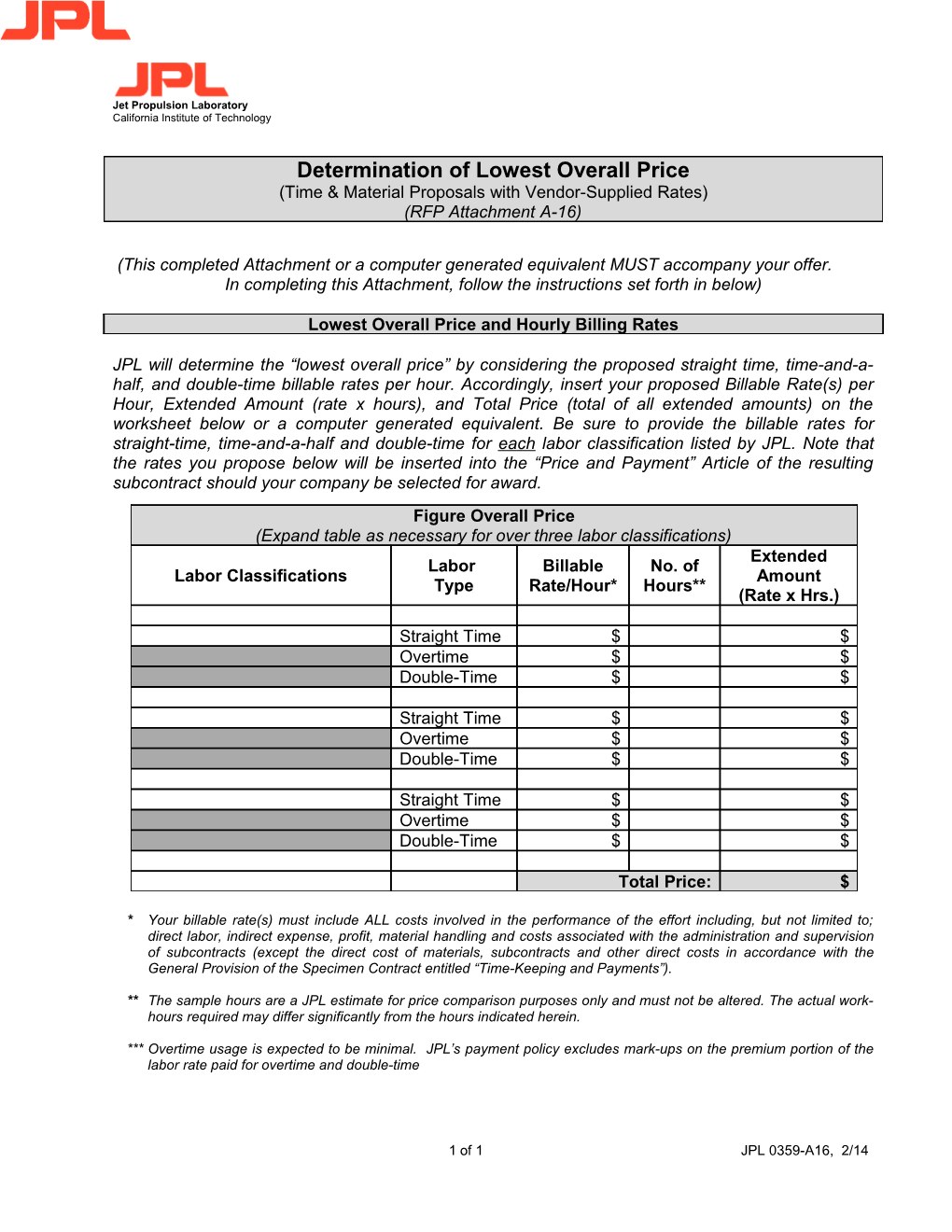 JPL 0363: Determination of Lowest Overall Price - Labor-Hour Proposals