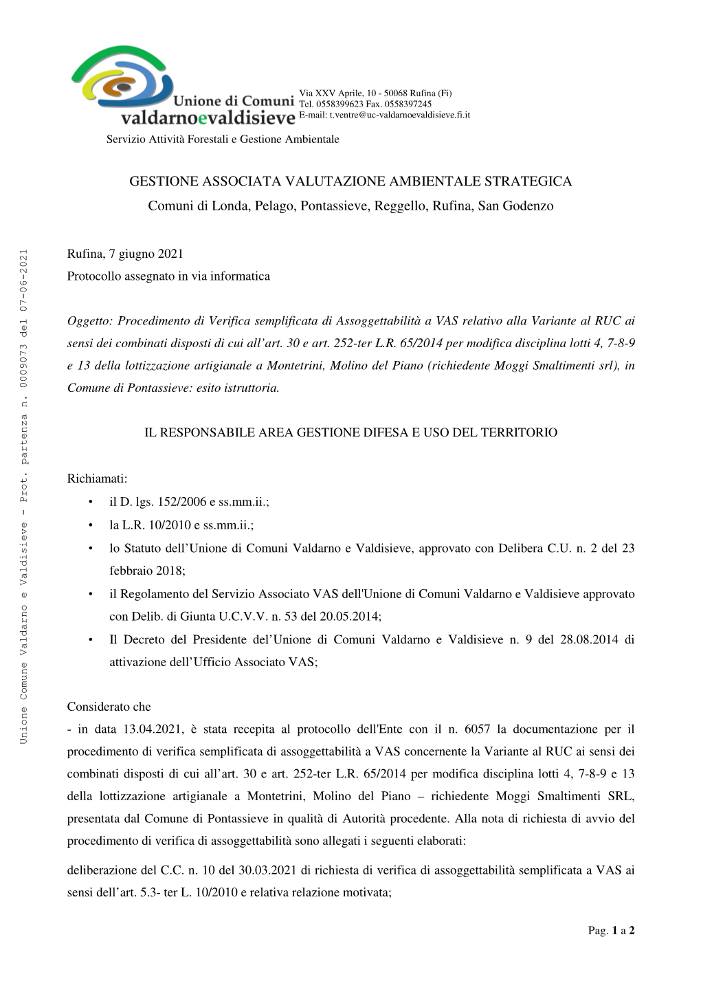 GESTIONE ASSOCIATA VALUTAZIONE AMBIENTALE STRATEGICA Comuni Di Londa, Pelago, Pontassieve, Reggello, Rufina, San Godenzo