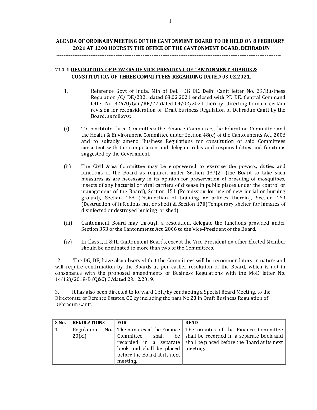 Agenda of Ordinary Meeting of the Cantonment Board to Be Held on 8 February 2021 at 1200 Hours in the Office of the Cantonment Board, Dehradun