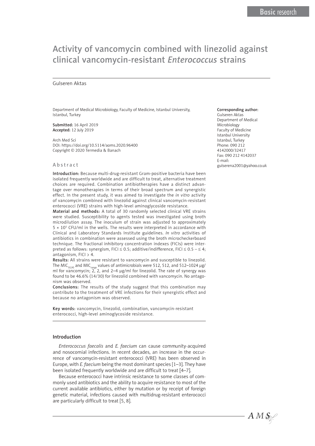 Activity of Vancomycin Combined with Linezolid Against Clinical Vancomycin-Resistant Enterococcus Strains