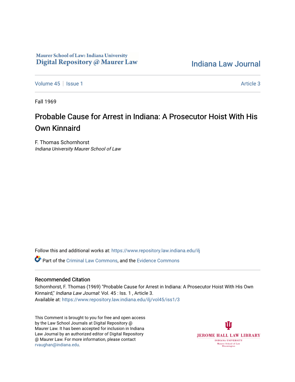 Probable Cause for Arrest in Indiana: a Prosecutor Hoist with His Own Kinnaird