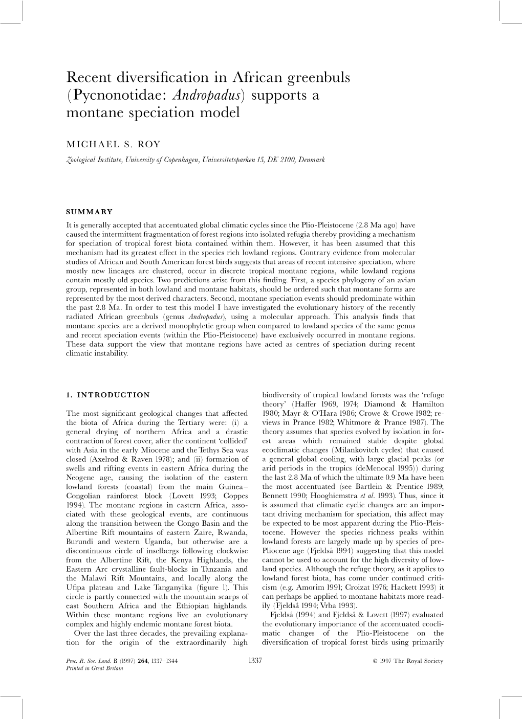 (Pycnonotidae: Andropadus) Supports a Montane Speciation Model