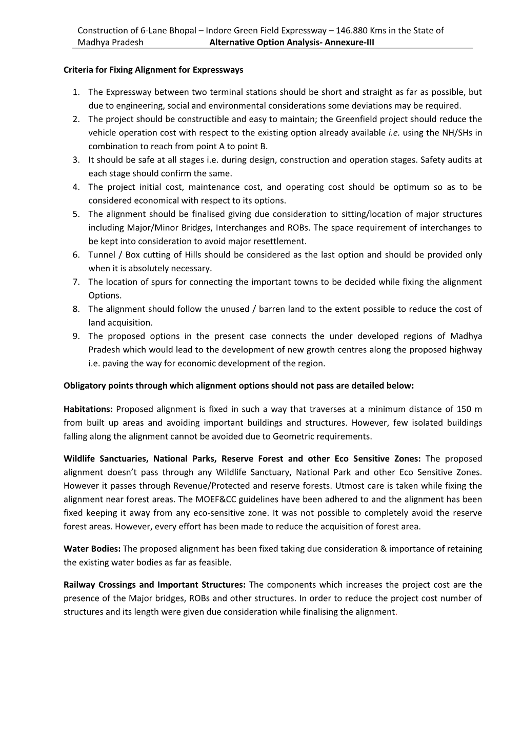 Construction of 6-Lane Bhopal – Indore Green Field Expressway – 146.880 Kms in the State of Madhya Pradesh Alternative Option Analysis- Annexure-III