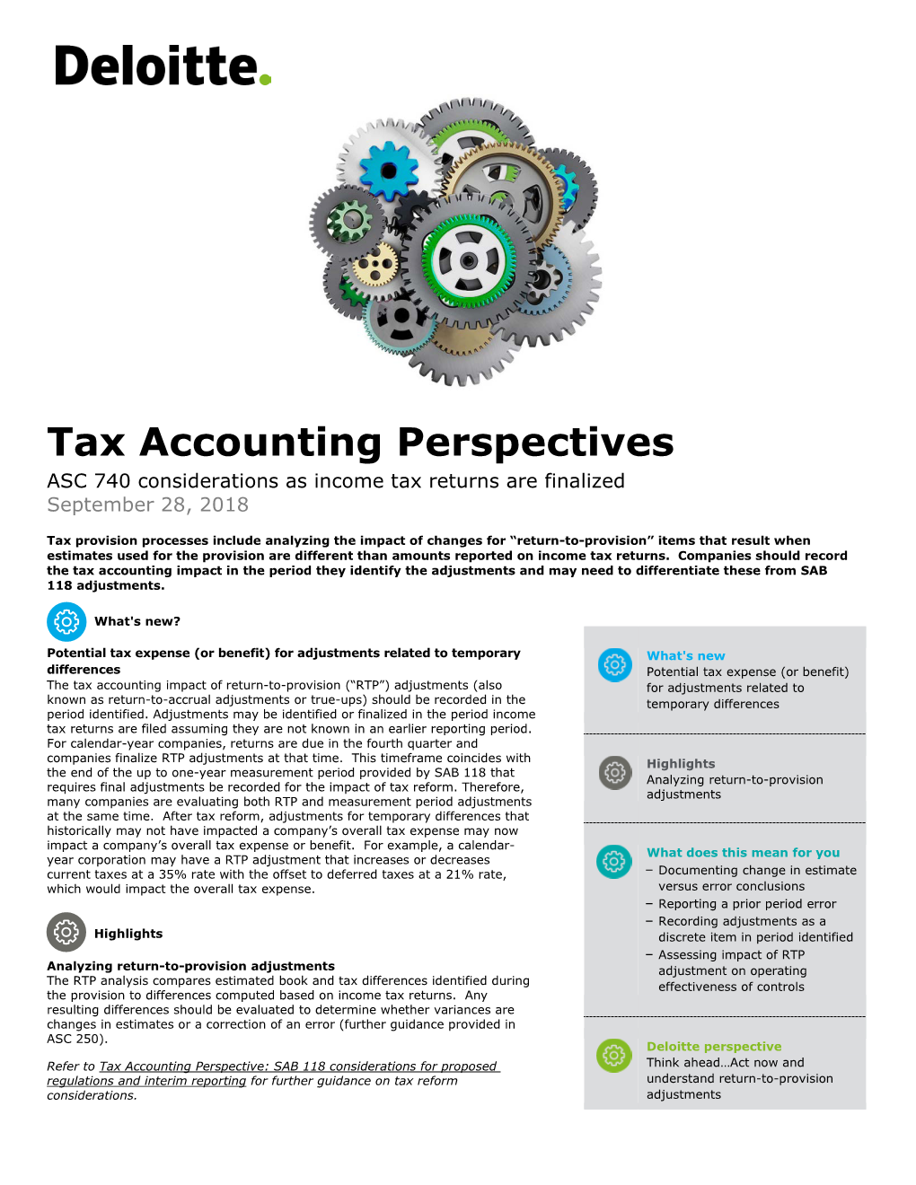 Tax Accounting Perspectives ASC 740 Considerations As Income Tax Returns Are Finalized September 28, 2018