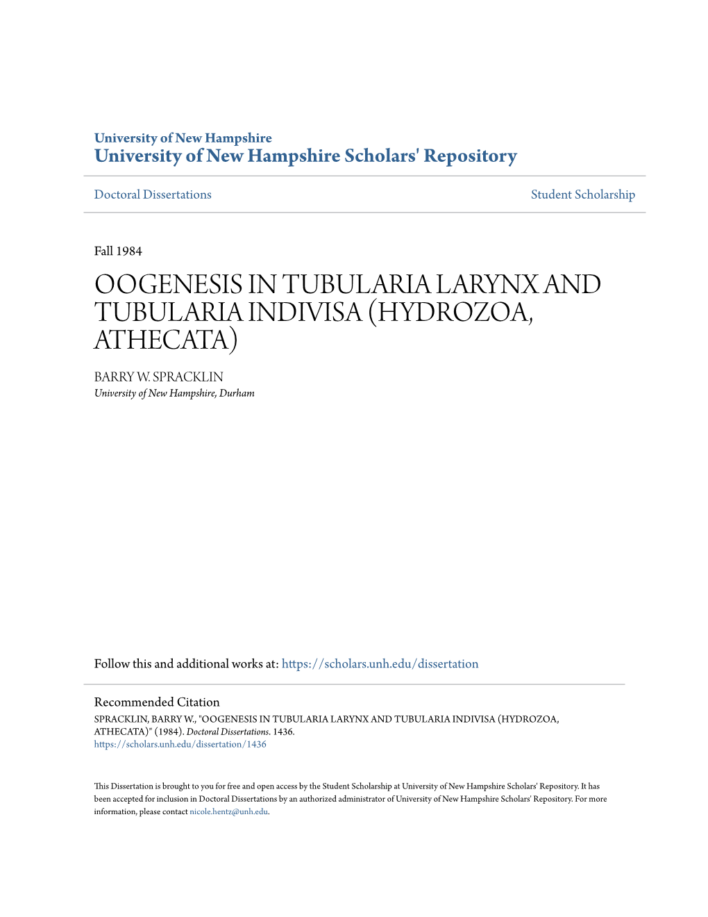 Oogenesis in Tubularia Larynx and Tubularia Indivisa (Hydrozoa, Athecata) Barry W