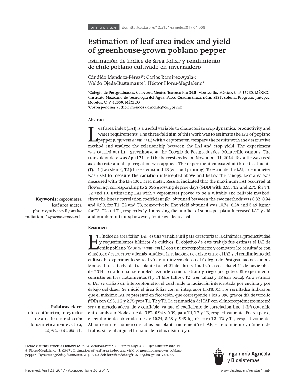 Estimation of Leaf Area Index and Yield of Greenhouse-Grown Poblano