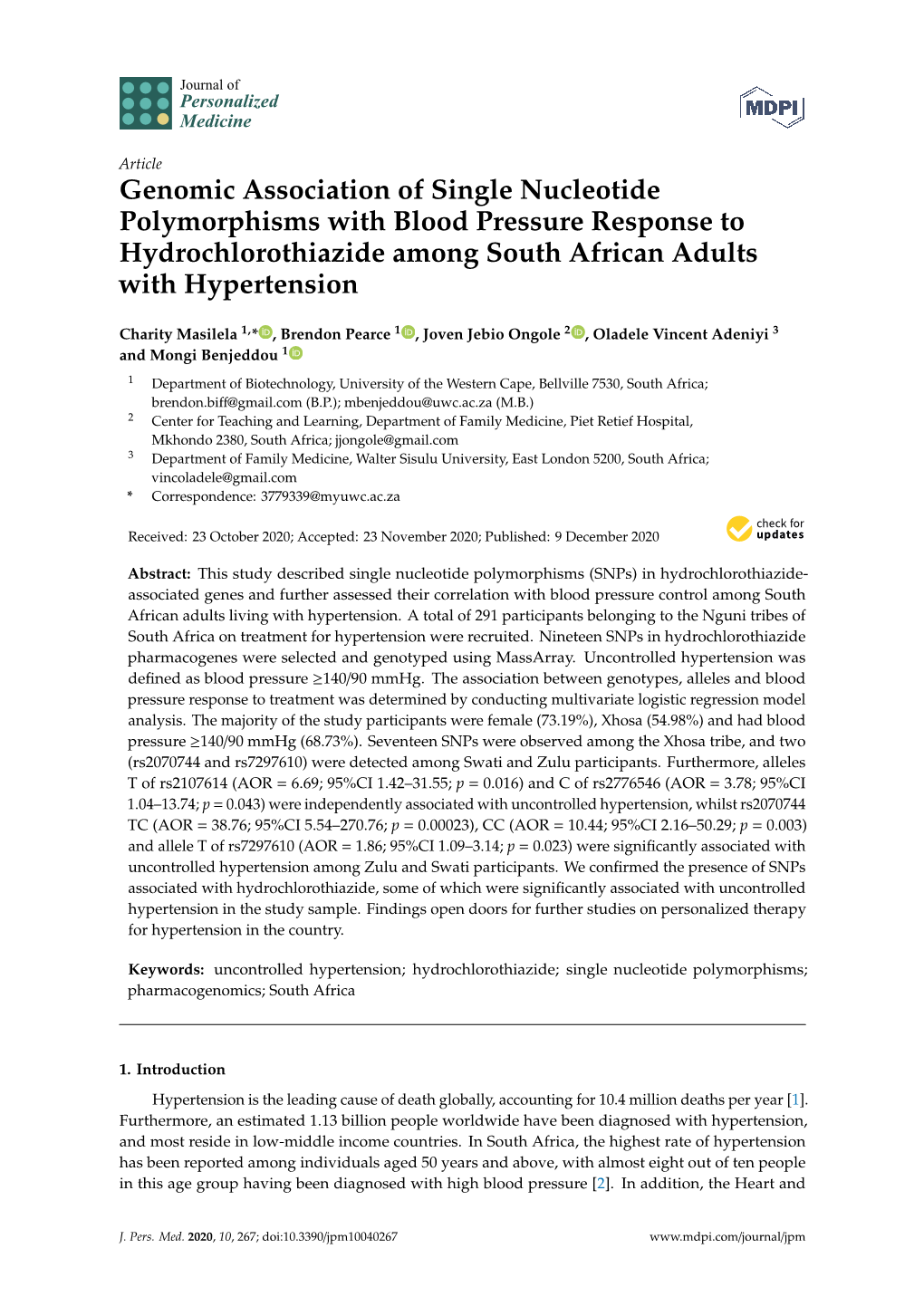Genomic Association of Single Nucleotide Polymorphisms with Blood Pressure Response to Hydrochlorothiazide Among South African Adults with Hypertension