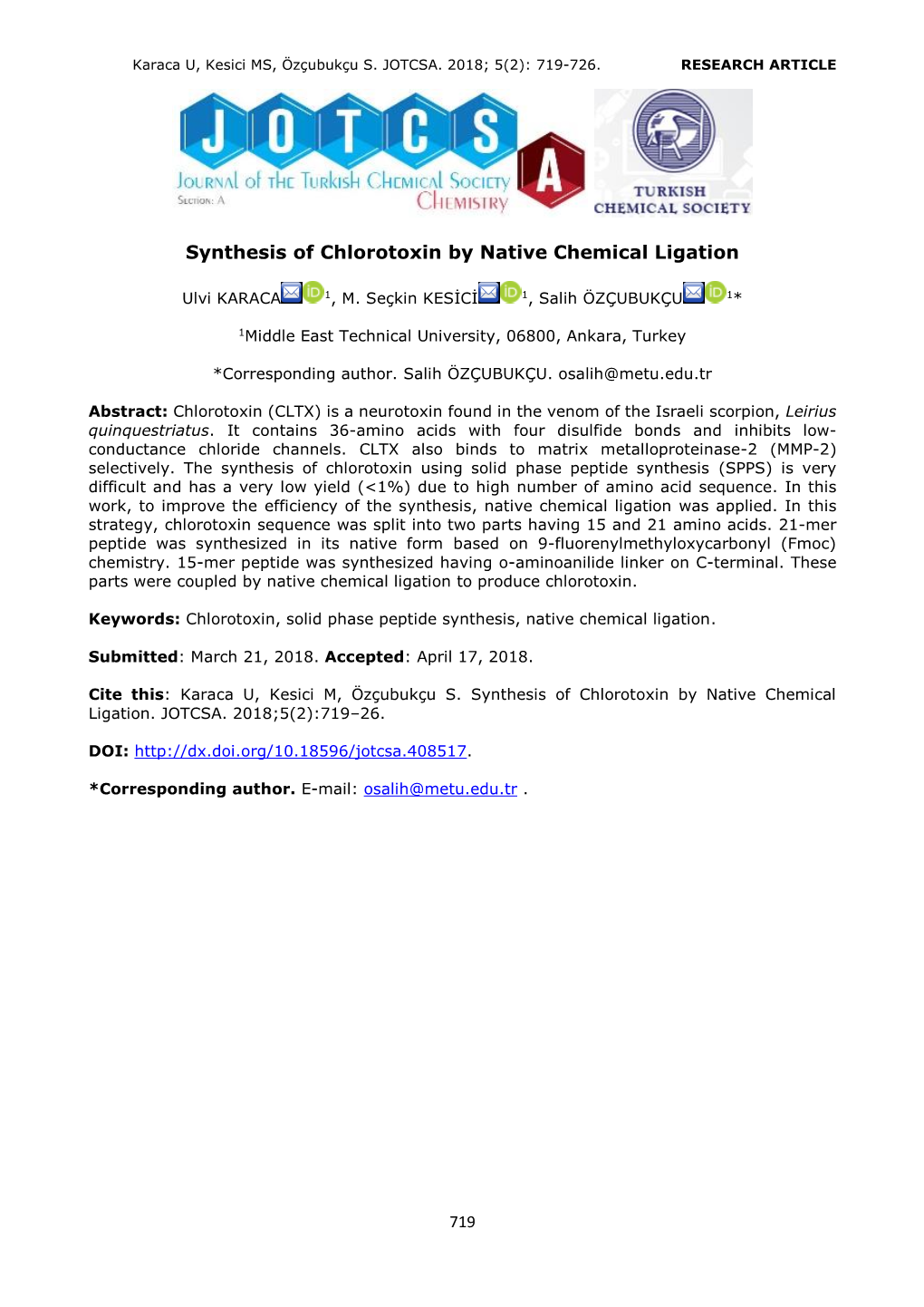 Synthesis of Chlorotoxin by Native Chemical Ligation