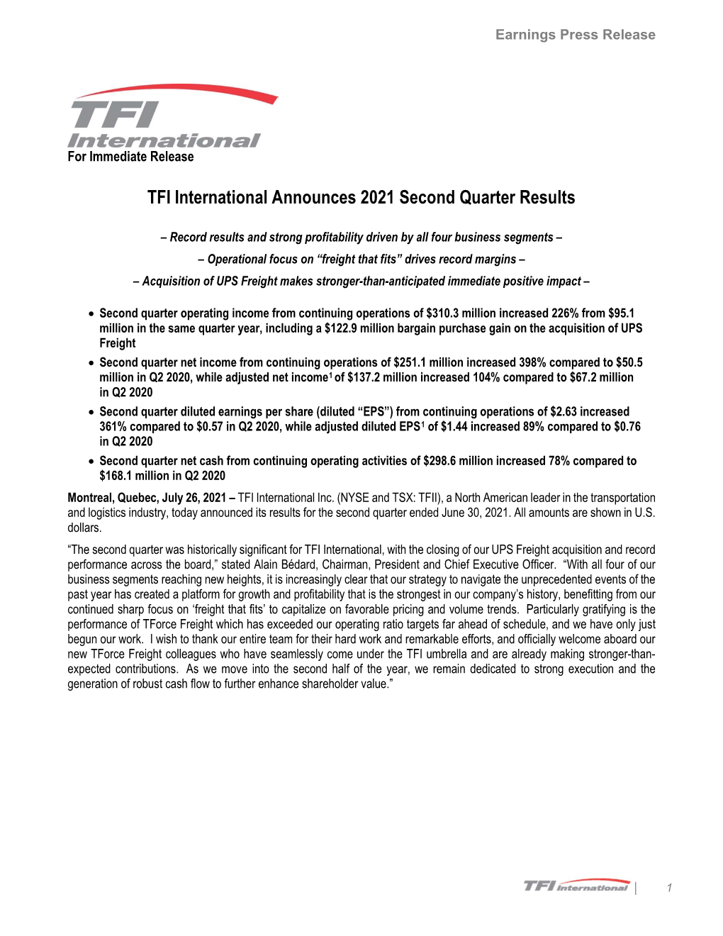 TFI International Announces 2021 Second Quarter Results