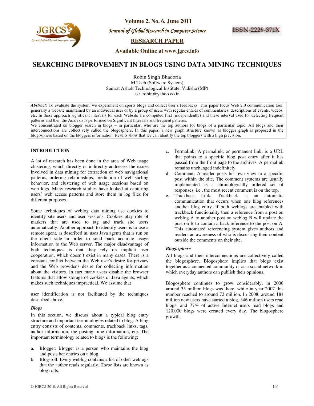 Searching Improvement in Blogs Using Data Mining Techniques