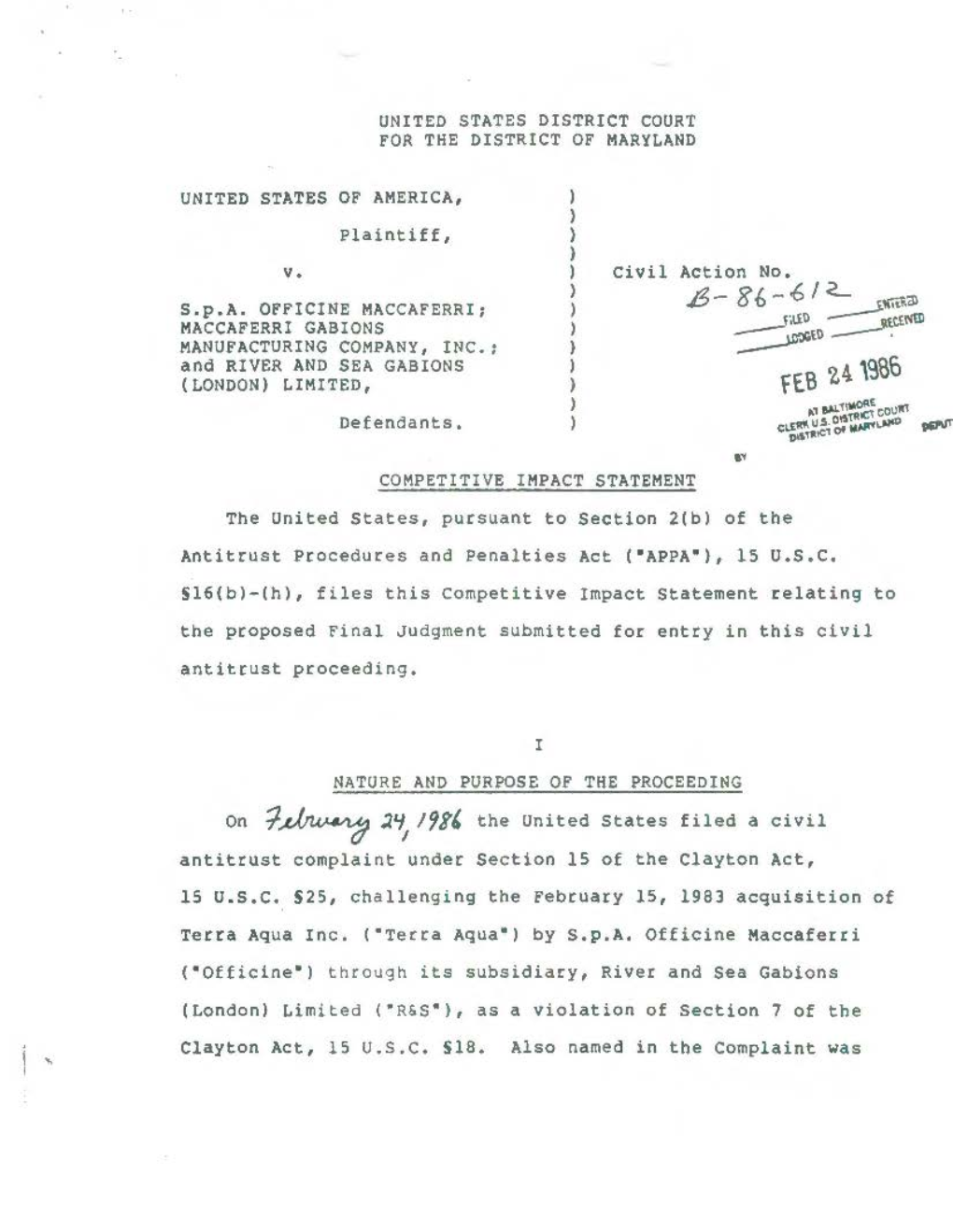 COMPETITIVE IMPACT STATEMENT the United States, Pursuant to Section 2(Bl of the Antitrust Procedures and Penalties Act ("APPA"), 15 U.S.C