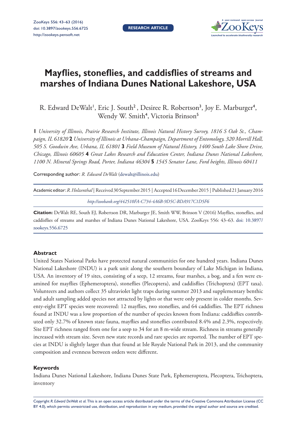 Mayflies, Stoneflies, and Caddisflies of Streams and Marshes of Indiana Dunes National Lakeshore, USA