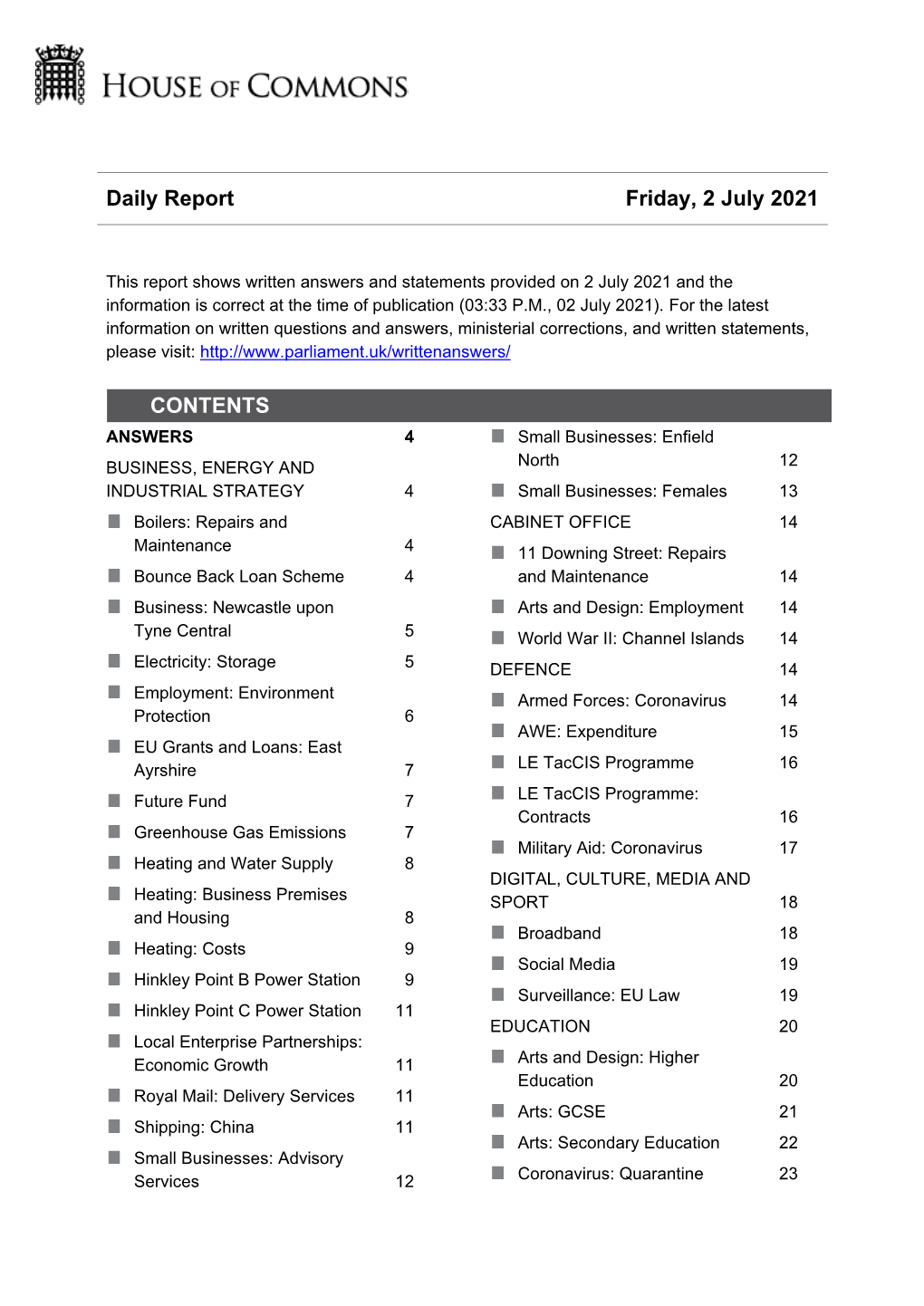 Daily Report Friday, 2 July 2021 CONTENTS