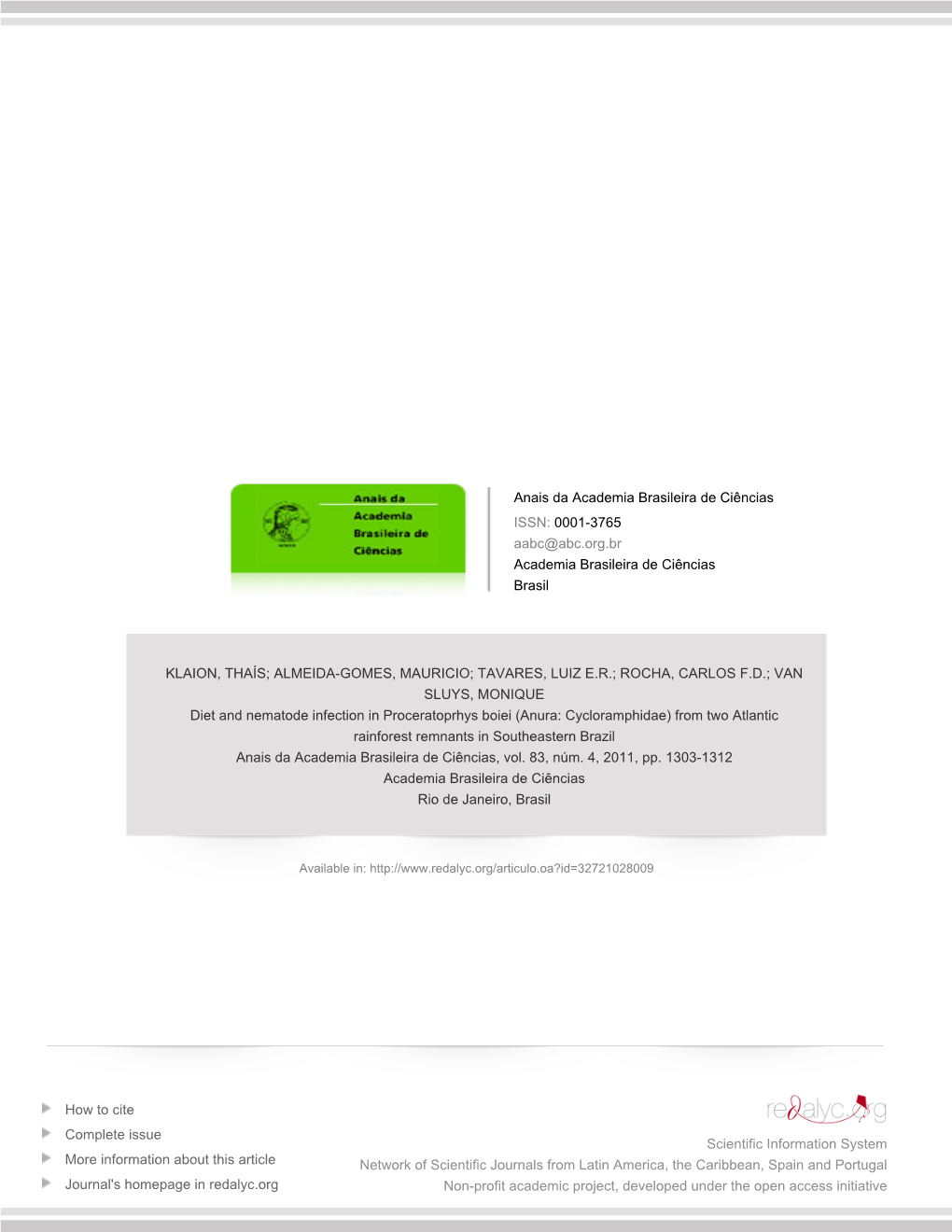 Redalyc.Diet and Nematode Infection in Proceratoprhys Boiei (Anura