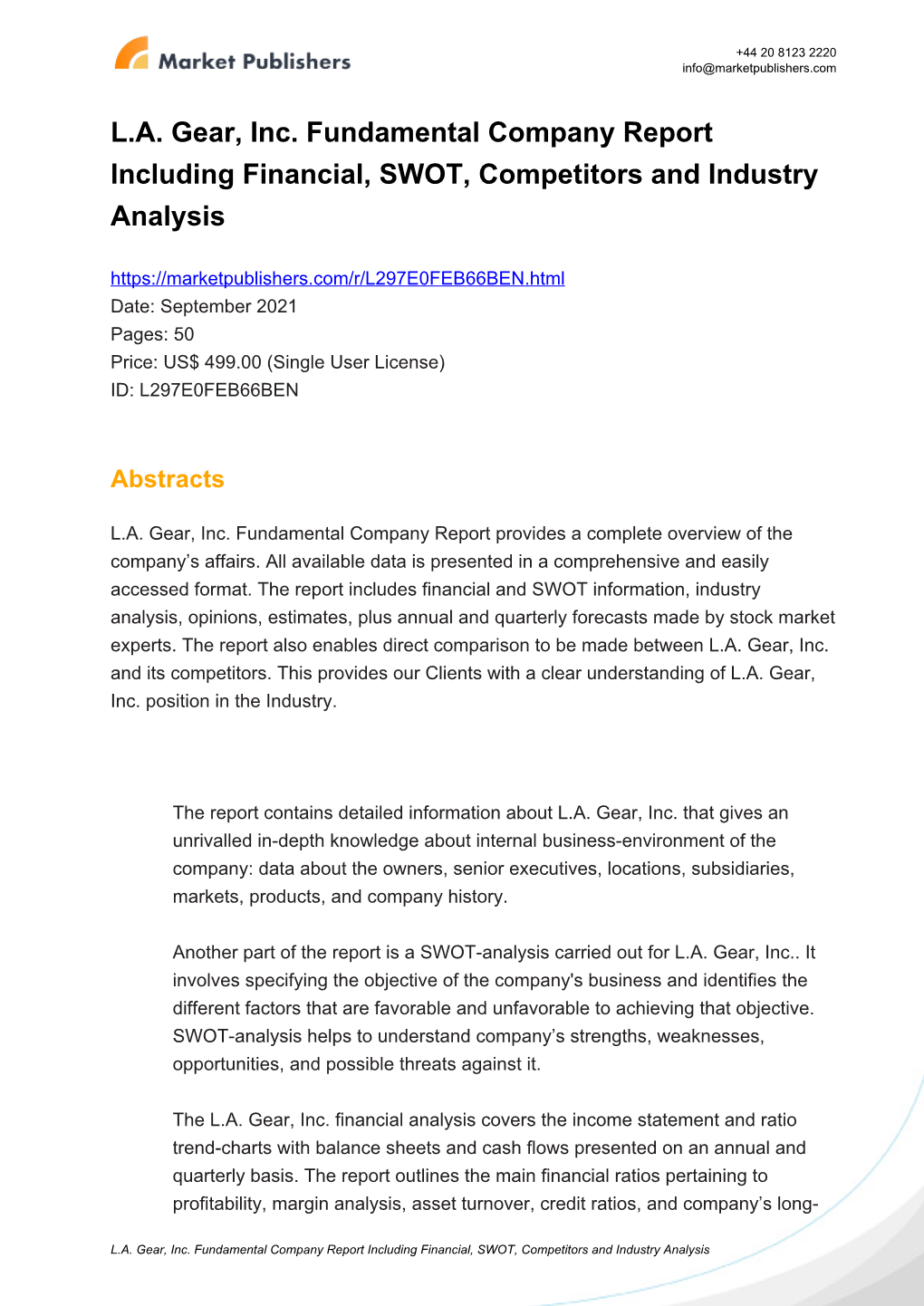 L.A. Gear, Inc. Fundamental Company Report Including Financial, SWOT