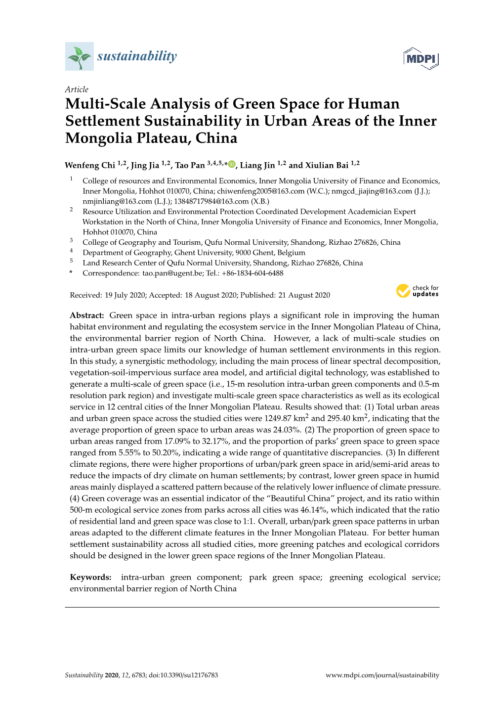 Multi-Scale Analysis of Green Space for Human Settlement Sustainability in Urban Areas of the Inner Mongolia Plateau, China