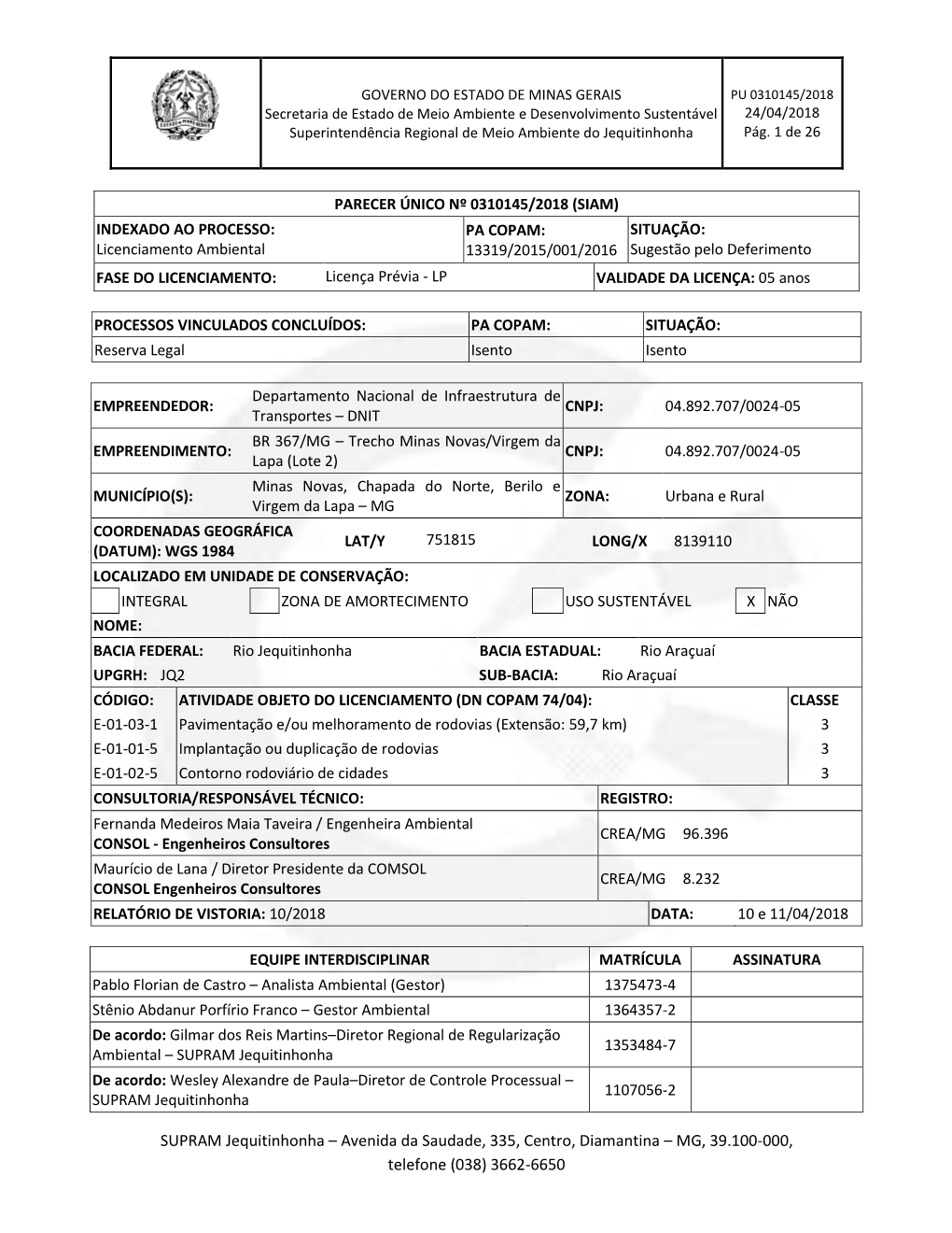 SUPRAM Jequitinhonha De Acordo: Wesley Alexandre De Paula–Diretor De Controle Processual – 1107056-2 SUPRAM Jequitinhonha