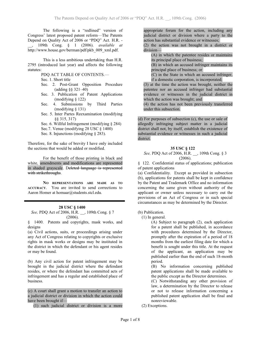 The Following Is a Redlined Version of Congress Latest Proposed Patent Reform the Patents