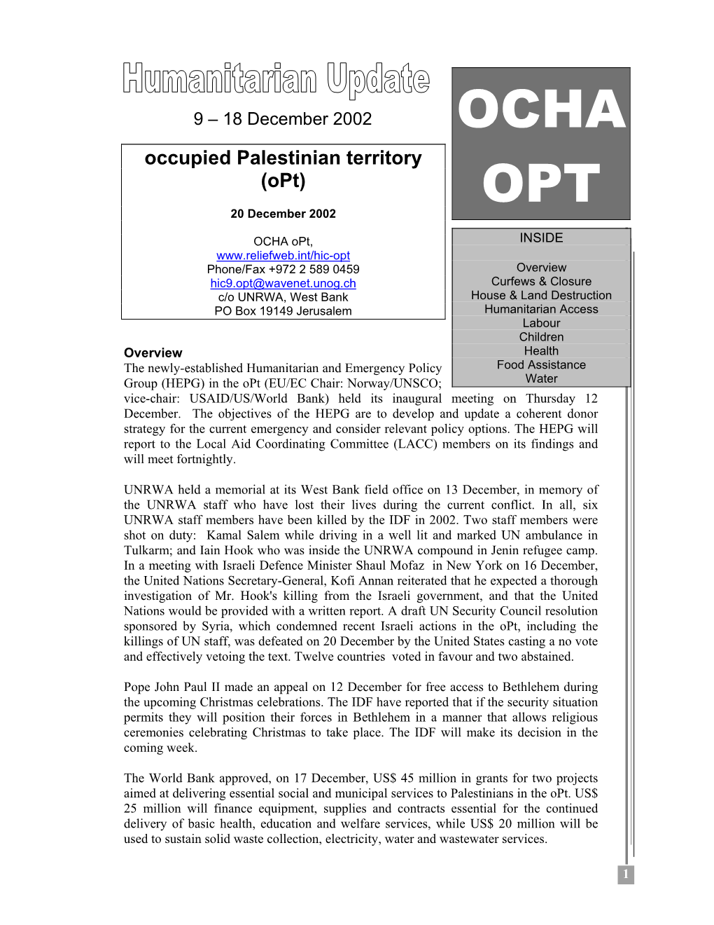 Occupied Palestinian Territory (Opt) OPT 20 December 2002