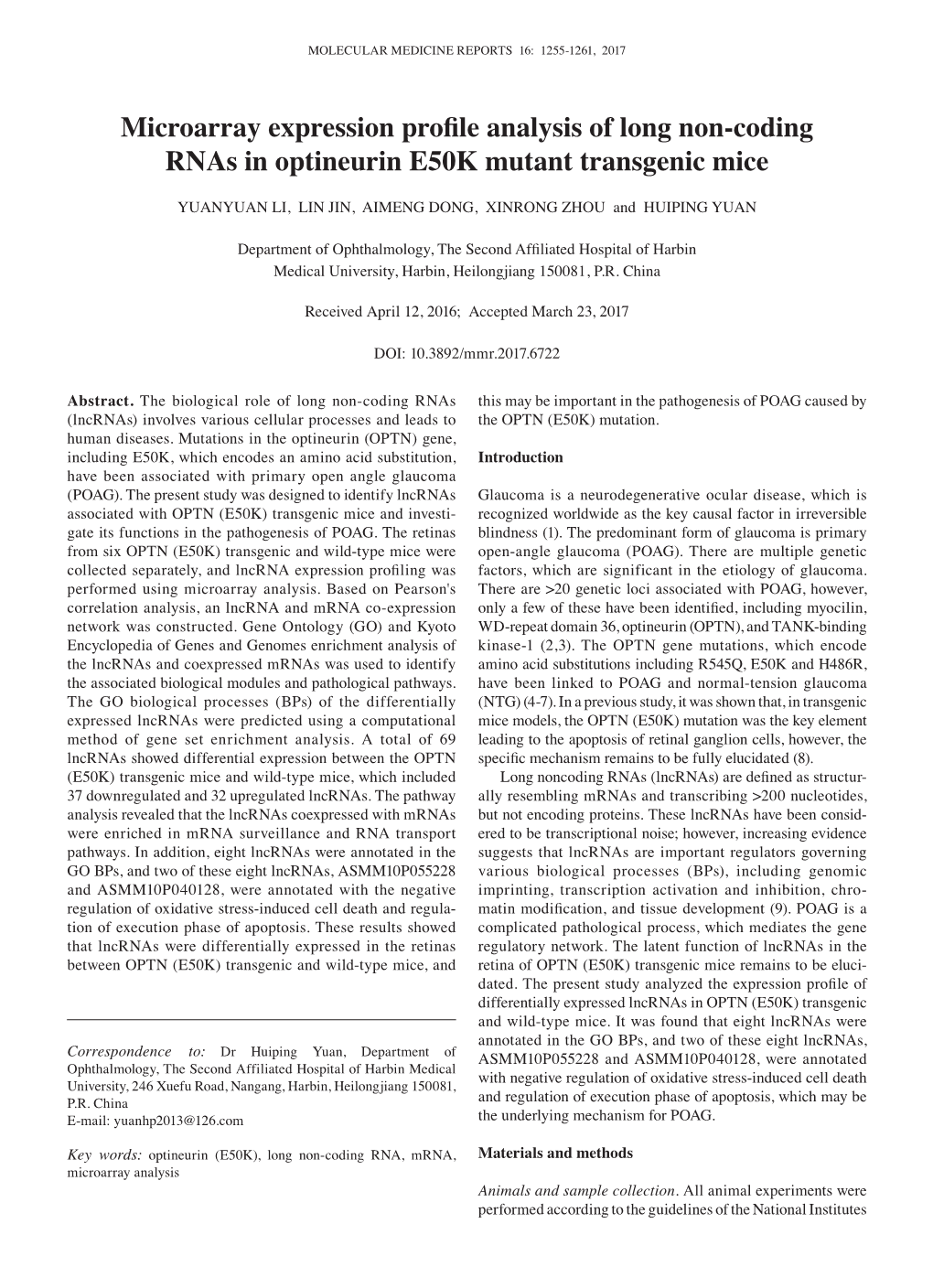 Microarray Expression Profile Analysis of Long Non-Coding Rnas in Optineurin E50K Mutant Transgenic Mice