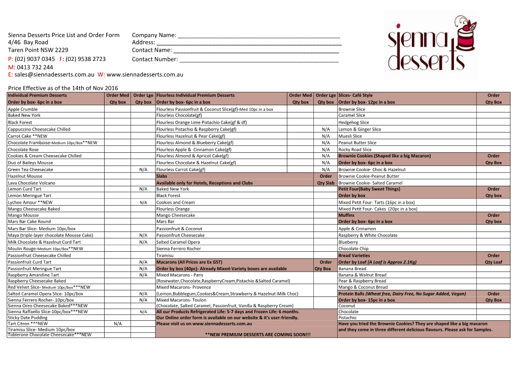 Sienna Desserts Price List and Order Form Company Name