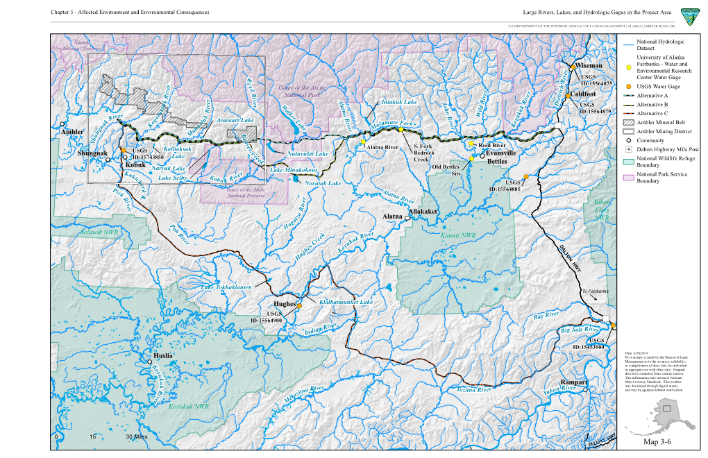 Ambler Draft EIS Map 3-6 Large Rivers, Lakes, and Hydrologic Gages