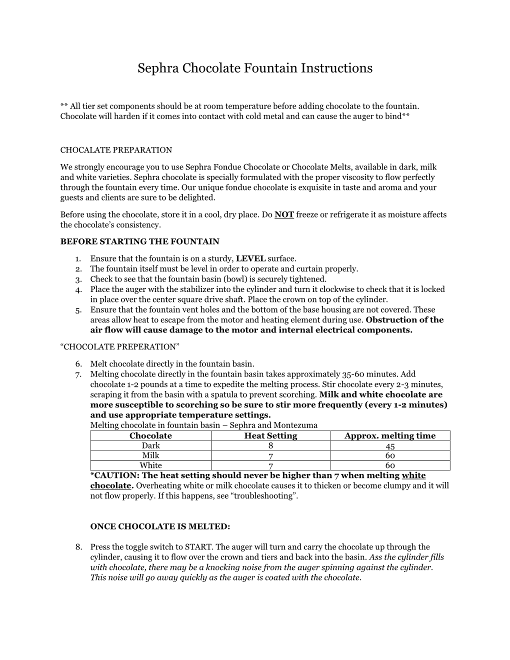 Sephra Chocolate Fountain Instructions